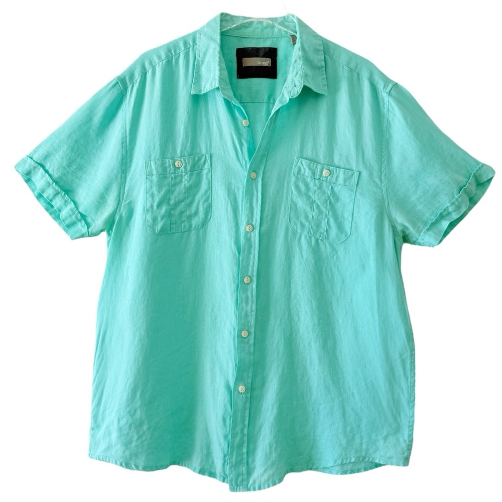 100% Linen Bruno Camp Shirt Turquoise Short Sleeved Button Down Size XL